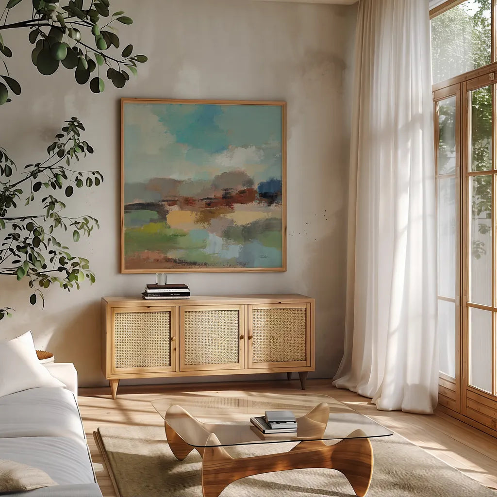 Sandy Road I by Silvia Vassileva. Shown in a natural wood frame in a cozy modern living room. Available as an archival giclee rolled canvas, fine art paper, or poster print. SKU 86945a.