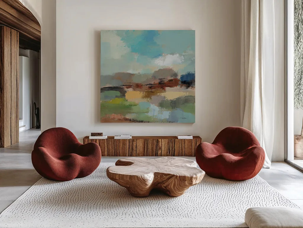 Sandy Road I by Silvia Vassileva. Shown as extra-large giant wall art in a modern living room. Available as an archival giclee rolled canvas, fine art paper, or poster print. SKU 86945a.