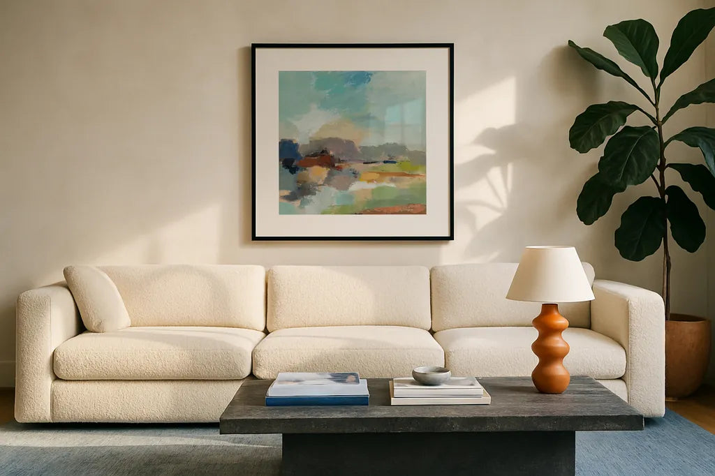 Sandy Road II by Silvia Vassileva. Displayed in a glass frame with matte in a clean modern living room. Available as an archival giclee rolled canvas, fine art paper, or poster print. SKU 86946a.