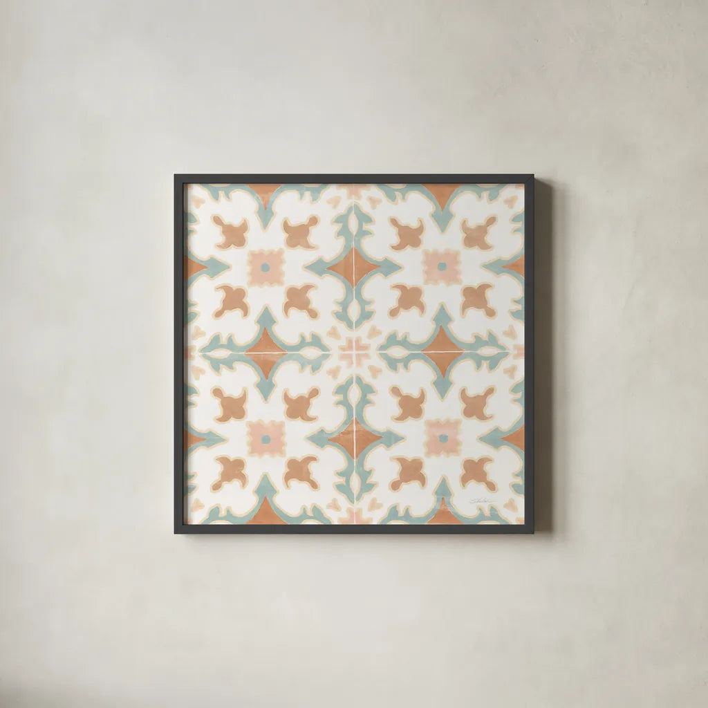 Santorini Tiles by Silvia Vassileva. Shown in a sleek black glass frame for a contemporary gallery look. Available as an archival giclee rolled canvas, fine art paper, or poster print. SKU 66892a.