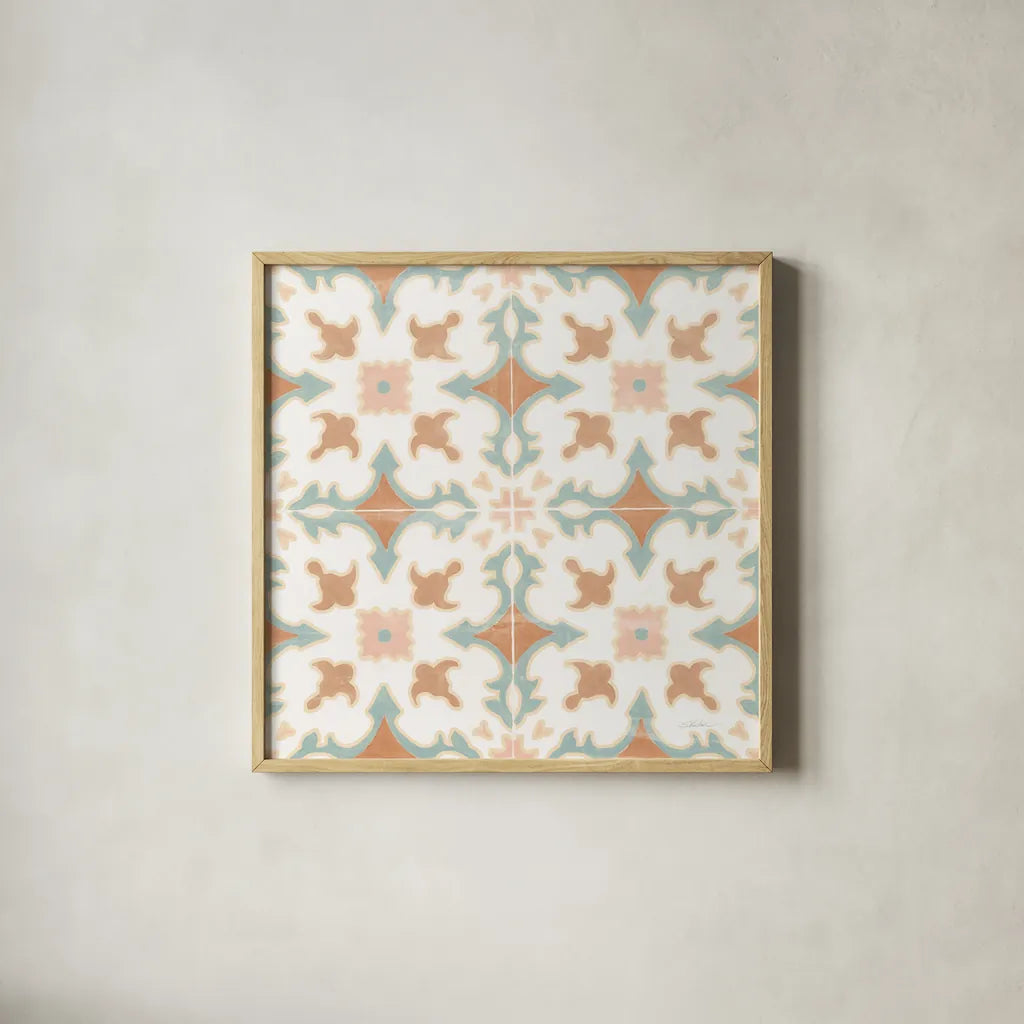 Santorini Tiles by Silvia Vassileva. Shown in a natural wood glass frame for a timeless modern aesthetic. Available as an archival giclee rolled canvas, fine art paper, or poster print. SKU 66892a.