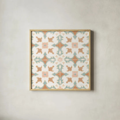 Santorini Tiles by Silvia Vassileva. Shown in a natural wood glass frame for a timeless modern aesthetic. Available as an archival giclee rolled canvas, fine art paper, or poster print. SKU 66892a.