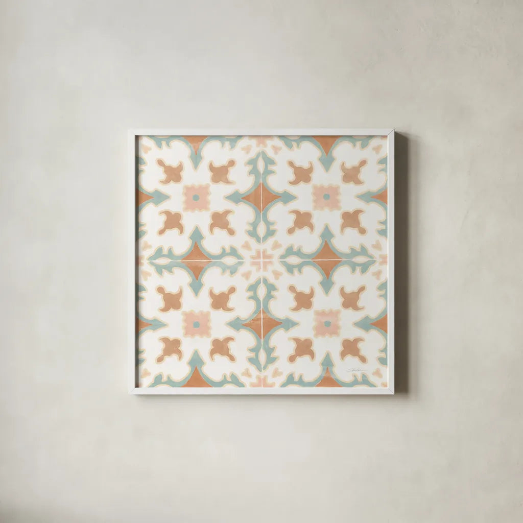 Santorini Tiles by Silvia Vassileva. Shown in a crisp white glass frame for a clean and minimalist style. Available as an archival giclee rolled canvas, fine art paper, or poster print. SKU 66892a.