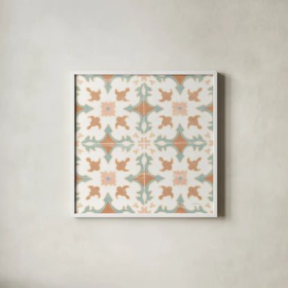 Santorini Tiles by Silvia Vassileva. Shown in a crisp white glass frame for a clean and minimalist style. Available as an archival giclee rolled canvas, fine art paper, or poster print. SKU 66892a.