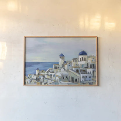 Santorini View I by Silvia Vassileva. shown as a paper print in a natural frame. Available as a archival giclee rolled canvas, fine art paper, or poster print. SKU 67909i.