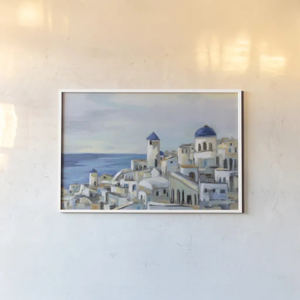Santorini View I by Silvia Vassileva. shown as a paper print in a white frame. Available as a archival giclee rolled canvas, fine art paper, or poster print. SKU 67909i.