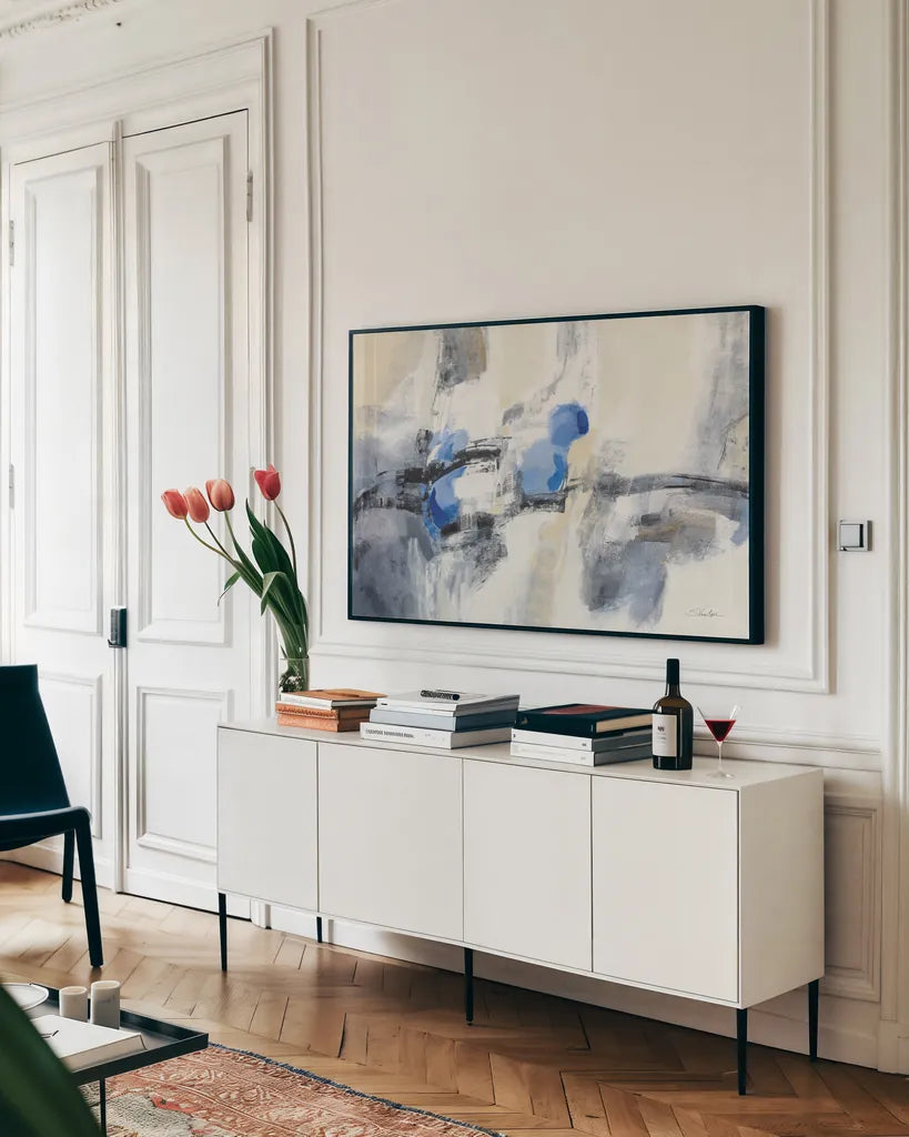 Sapphire Sky by Silvia Vassileva. shown as a framed stretched canvas in a living room above a console. Available as a archival giclee rolled canvas, fine art paper, or poster print. SKU 85709i.