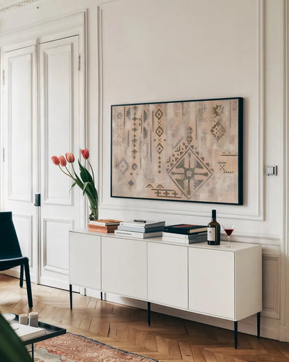 Scandanavian Mood I Neutral by Silvia Vassileva. shown as a framed stretched canvas in a living room above a console. Available as a archival giclee rolled canvas, fine art paper, or poster print. SKU 55656i.