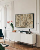 Scandinavian Mood I by Silvia Vassileva. shown as a framed stretched canvas in a living room above a console. Available as a archival giclee rolled canvas, fine art paper, or poster print. SKU 48492i.