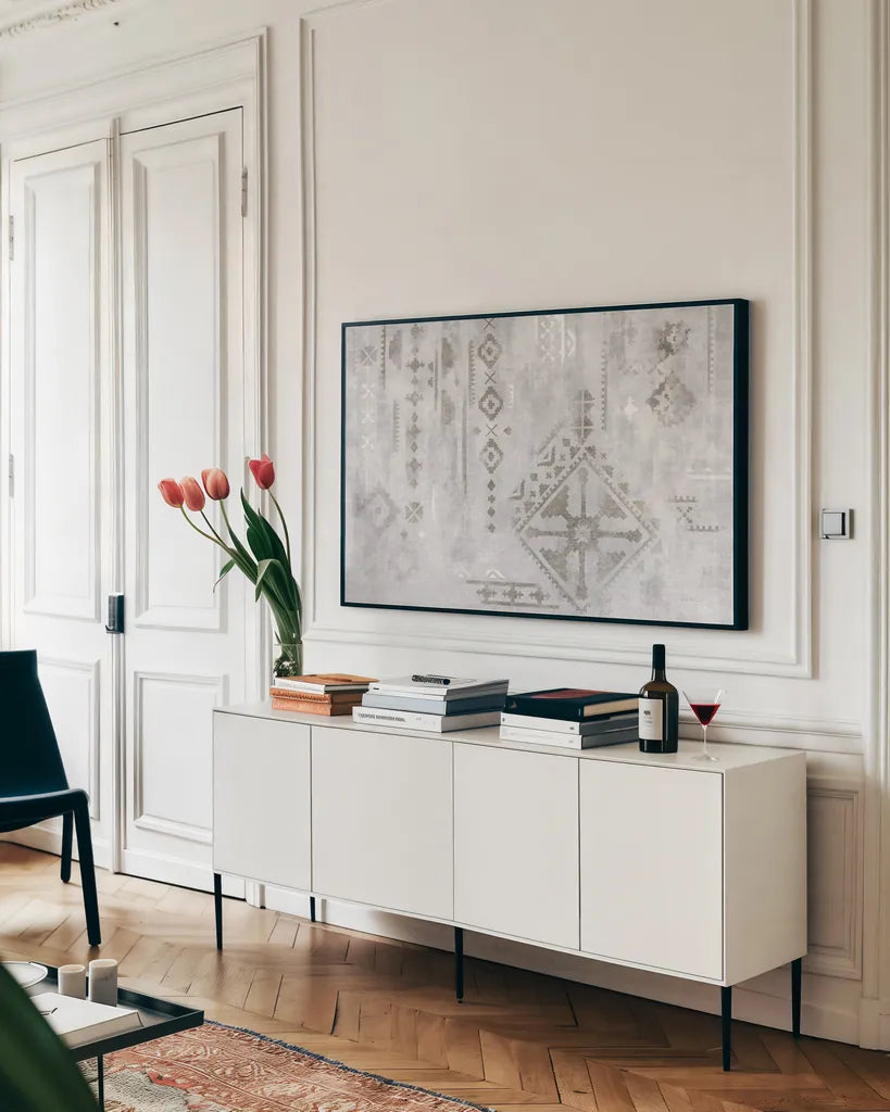 Scandinavian Mood I Silver by Silvia Vassileva. shown as a framed stretched canvas in a living room above a console. Available as a archival giclee rolled canvas, fine art paper, or poster print. SKU 56587i.