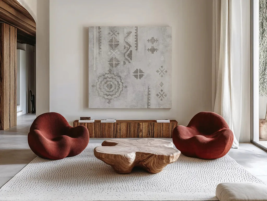 Scandinavian Mood IV Silver by Silvia Vassileva. Shown as extra-large giant wall art in a modern living room. Available as an archival giclee rolled canvas, fine art paper, or poster print. SKU 56590a.