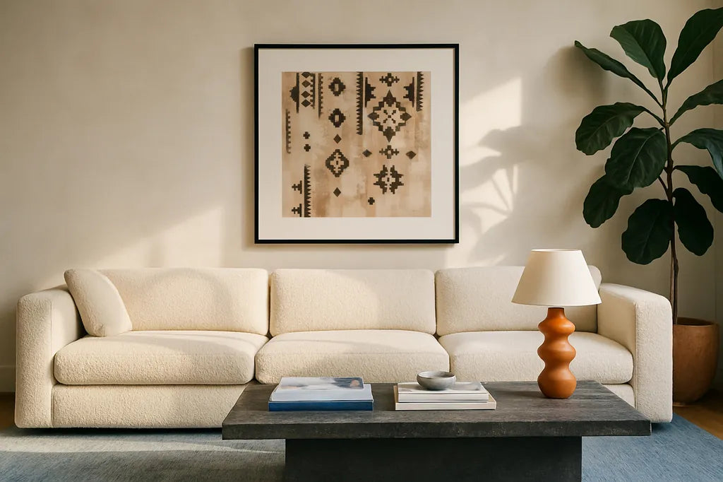 ScandinavianMood III Clay by Silvia Vassileva. Displayed in a glass frame with matte in a clean modern living room. Available as an archival giclee rolled canvas, fine art paper, or poster print. SKU 59371a.