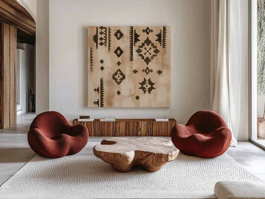 ScandinavianMood III Clay by Silvia Vassileva. Shown as extra-large giant wall art in a modern living room. Available as an archival giclee rolled canvas, fine art paper, or poster print. SKU 59371a.