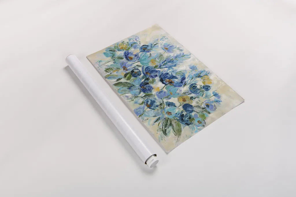 Scattered Blue Flowers by Silvia Vassileva. shown as a rolled paper print. Available as archival giclee rolled canvas, fine art paper, or poster print. SKU 35309i.