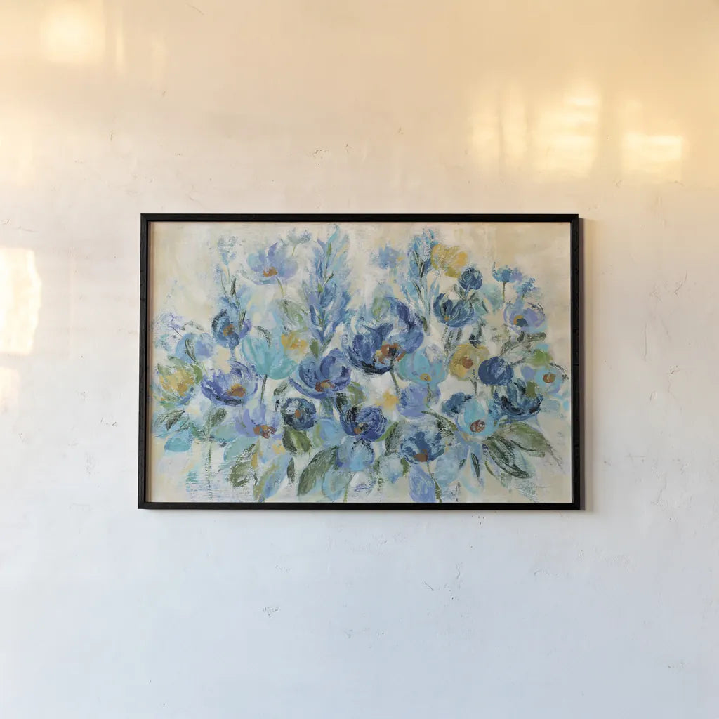 Scattered Blue Flowers by Silvia Vassileva. shown as a paper print in a black flame. Available as a archival giclee rolled canvas, fine art paper, or poster print. SKU 35309i.