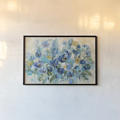 Scattered Blue Flowers by Silvia Vassileva. shown as a paper print in a black flame. Available as a archival giclee rolled canvas, fine art paper, or poster print. SKU 35309i.