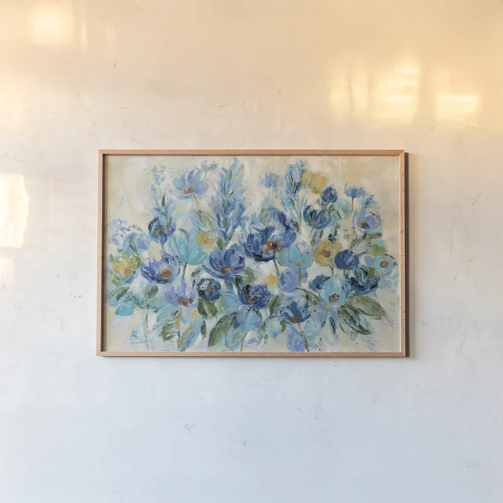 Scattered Blue Flowers by Silvia Vassileva. shown as a paper print in a natural frame. Available as a archival giclee rolled canvas, fine art paper, or poster print. SKU 35309i.