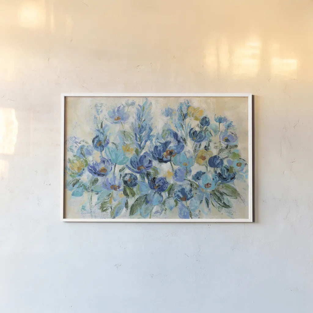 Scattered Blue Flowers by Silvia Vassileva. shown as a paper print in a white frame. Available as a archival giclee rolled canvas, fine art paper, or poster print. SKU 35309i.