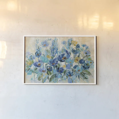Scattered Blue Flowers by Silvia Vassileva. shown as a paper print in a white frame. Available as a archival giclee rolled canvas, fine art paper, or poster print. SKU 35309i.