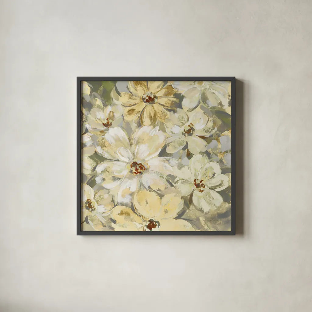 Scattered Spring Petals Neutral Gray Crop by Silvia Vassileva. Shown in a sleek black glass frame for a contemporary gallery look. Available as an archival giclee rolled canvas, fine art paper, or poster print. SKU 49536a.