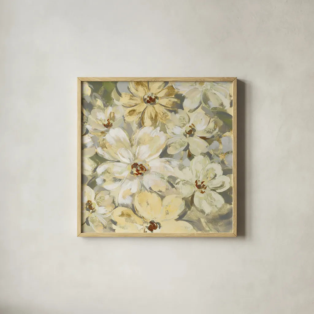 Scattered Spring Petals Neutral Gray Crop by Silvia Vassileva. Shown in a natural wood glass frame for a timeless modern aesthetic. Available as an archival giclee rolled canvas, fine art paper, or poster print. SKU 49536a.