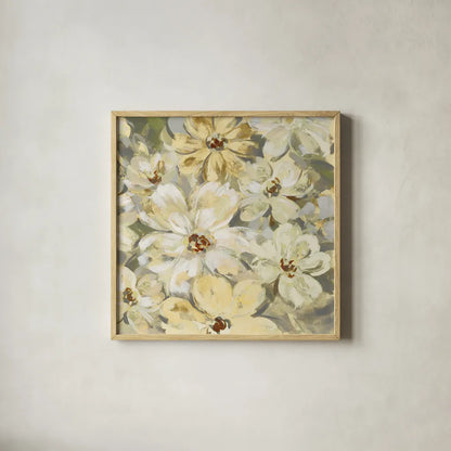 Scattered Spring Petals Neutral Gray Crop by Silvia Vassileva. Shown in a natural wood glass frame for a timeless modern aesthetic. Available as an archival giclee rolled canvas, fine art paper, or poster print. SKU 49536a.