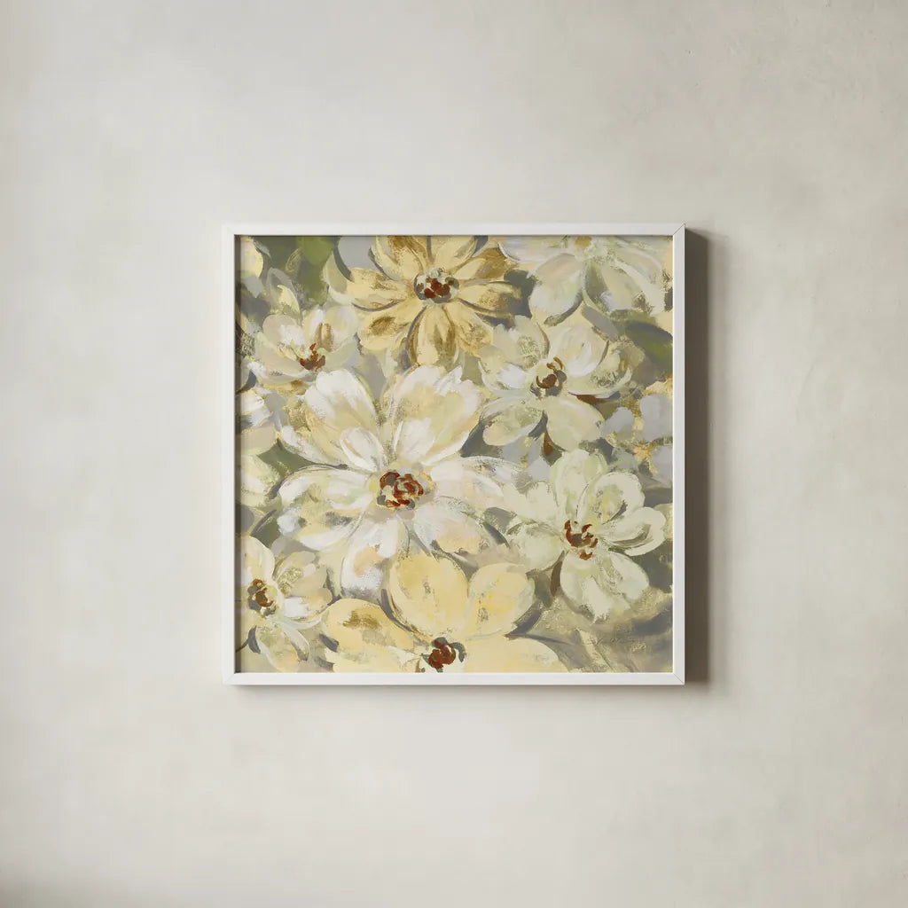 Scattered Spring Petals Neutral Gray Crop by Silvia Vassileva. Shown in a crisp white glass frame for a clean and minimalist style. Available as an archival giclee rolled canvas, fine art paper, or poster print. SKU 49536a.