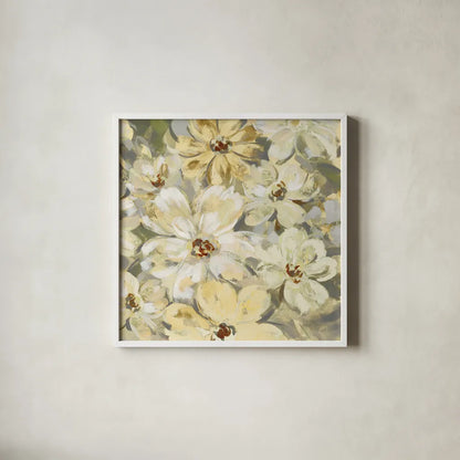 Scattered Spring Petals Neutral Gray Crop by Silvia Vassileva. Shown in a crisp white glass frame for a clean and minimalist style. Available as an archival giclee rolled canvas, fine art paper, or poster print. SKU 49536a.