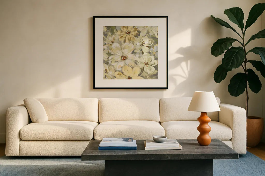Scattered Spring Petals Neutral Gray Crop by Silvia Vassileva. Displayed in a glass frame with matte in a clean modern living room. Available as an archival giclee rolled canvas, fine art paper, or poster print. SKU 49536a.