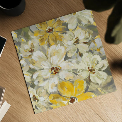 Scattered Spring Petals Yellow Gray Crop by Silvia Vassileva. Shown as a detailed flat fine art print, highlighting archival giclee quality. Available as an archival giclee rolled canvas, fine art paper, or poster print. SKU 34440a.