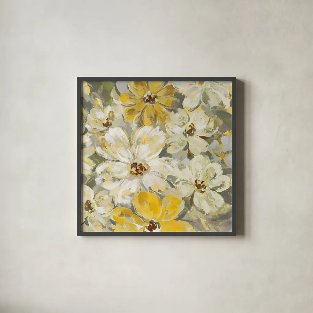 Scattered Spring Petals Yellow Gray Crop by Silvia Vassileva. Shown in a sleek black glass frame for a contemporary gallery look. Available as an archival giclee rolled canvas, fine art paper, or poster print. SKU 34440a.