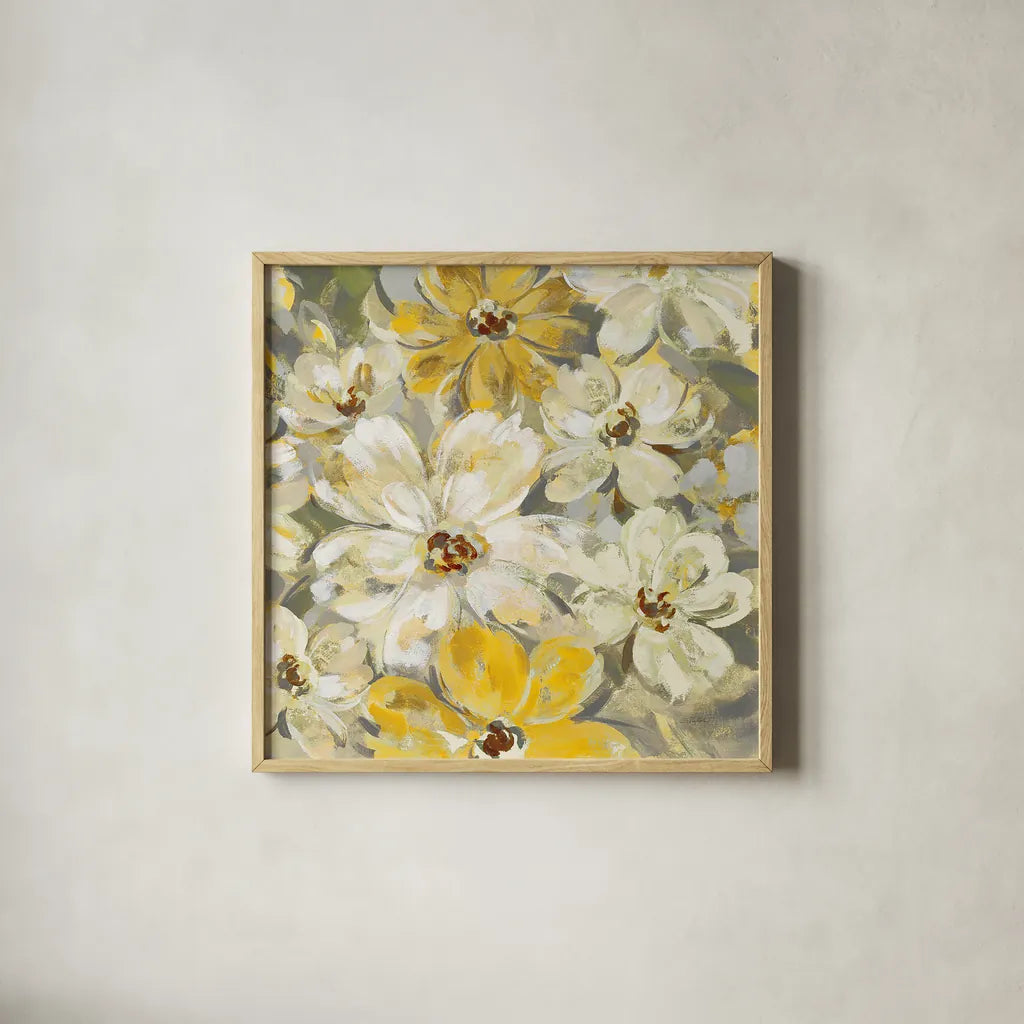 Scattered Spring Petals Yellow Gray Crop by Silvia Vassileva. Shown in a natural wood glass frame for a timeless modern aesthetic. Available as an archival giclee rolled canvas, fine art paper, or poster print. SKU 34440a.