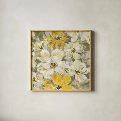 Scattered Spring Petals Yellow Gray Crop by Silvia Vassileva. Shown in a natural wood glass frame for a timeless modern aesthetic. Available as an archival giclee rolled canvas, fine art paper, or poster print. SKU 34440a.