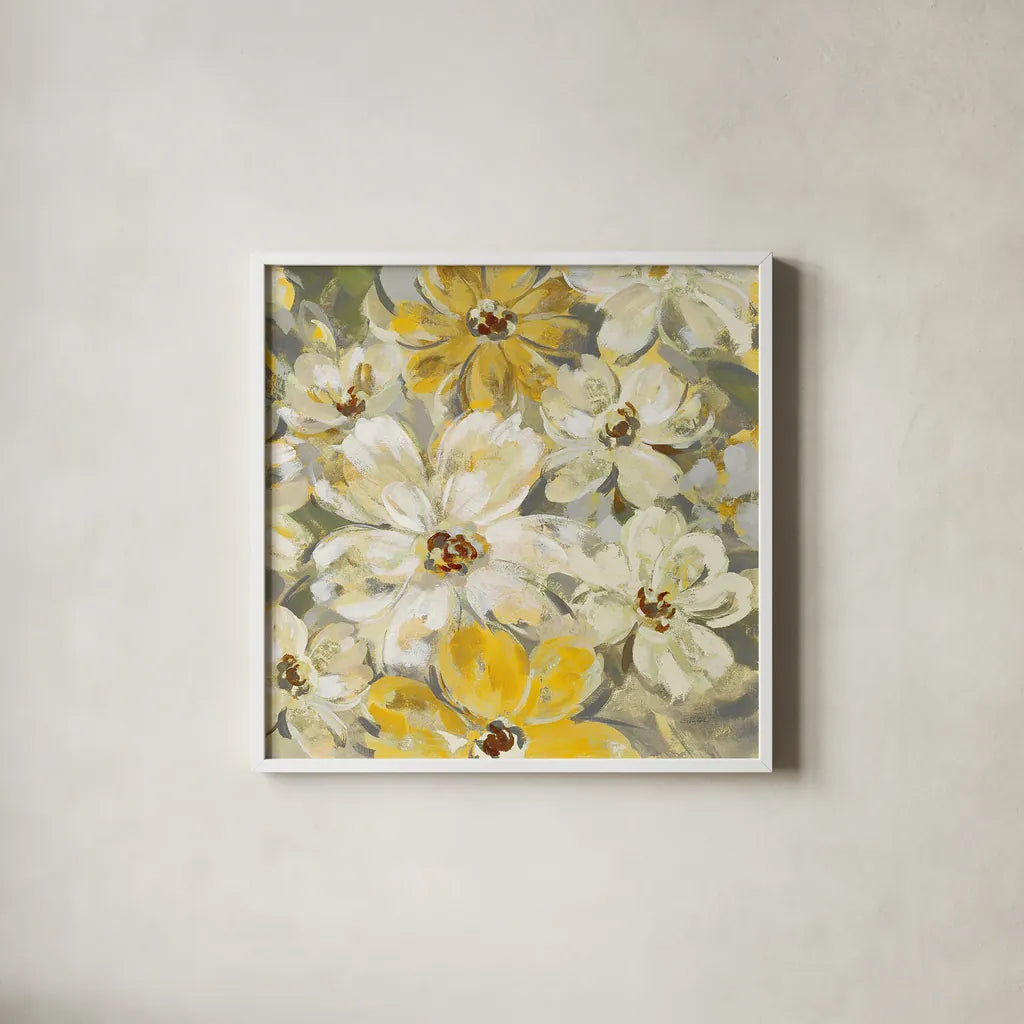 Scattered Spring Petals Yellow Gray Crop by Silvia Vassileva. Shown in a crisp white glass frame for a clean and minimalist style. Available as an archival giclee rolled canvas, fine art paper, or poster print. SKU 34440a.