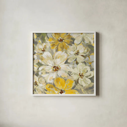 Scattered Spring Petals Yellow Gray Crop by Silvia Vassileva. Shown in a crisp white glass frame for a clean and minimalist style. Available as an archival giclee rolled canvas, fine art paper, or poster print. SKU 34440a.