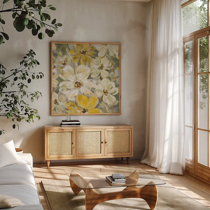 Scattered Spring Petals Yellow Gray Crop by Silvia Vassileva. Shown in a natural wood frame in a cozy modern living room. Available as an archival giclee rolled canvas, fine art paper, or poster print. SKU 34440a.