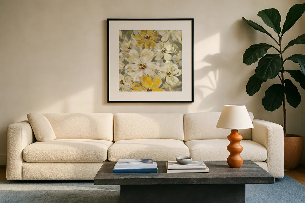 Scattered Spring Petals Yellow Gray Crop by Silvia Vassileva. Displayed in a glass frame with matte in a clean modern living room. Available as an archival giclee rolled canvas, fine art paper, or poster print. SKU 34440a.