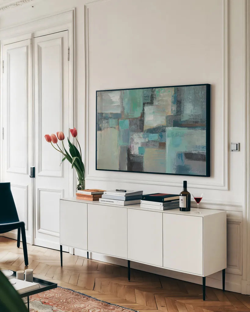 Sea Foam by Silvia Vassileva. shown as a framed stretched canvas in a living room above a console. Available as a archival giclee rolled canvas, fine art paper, or poster print. SKU 16066i.