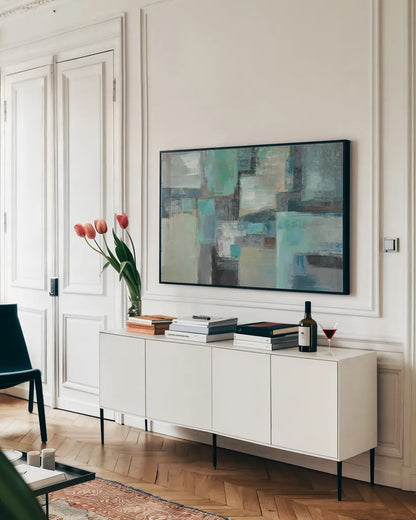 Sea Foam by Silvia Vassileva. shown as a framed stretched canvas in a living room above a console. Available as a archival giclee rolled canvas, fine art paper, or poster print. SKU 16066i.