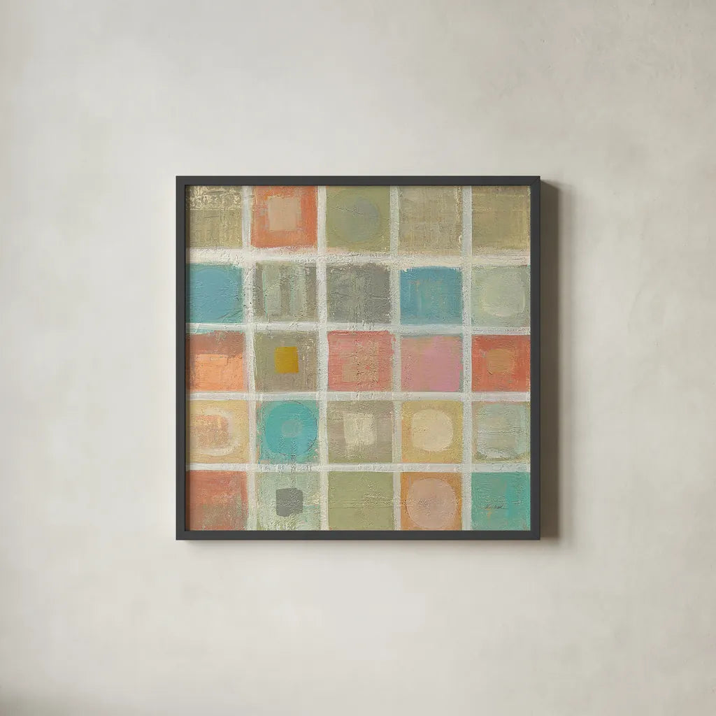 Sea Glass Mosaic Tile I by Silvia Vassileva. Shown in a sleek black glass frame for a contemporary gallery look. Available as an archival giclee rolled canvas, fine art paper, or poster print. SKU 22017a.