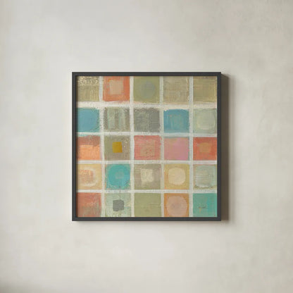 Sea Glass Mosaic Tile I by Silvia Vassileva. Shown in a sleek black glass frame for a contemporary gallery look. Available as an archival giclee rolled canvas, fine art paper, or poster print. SKU 22017a.