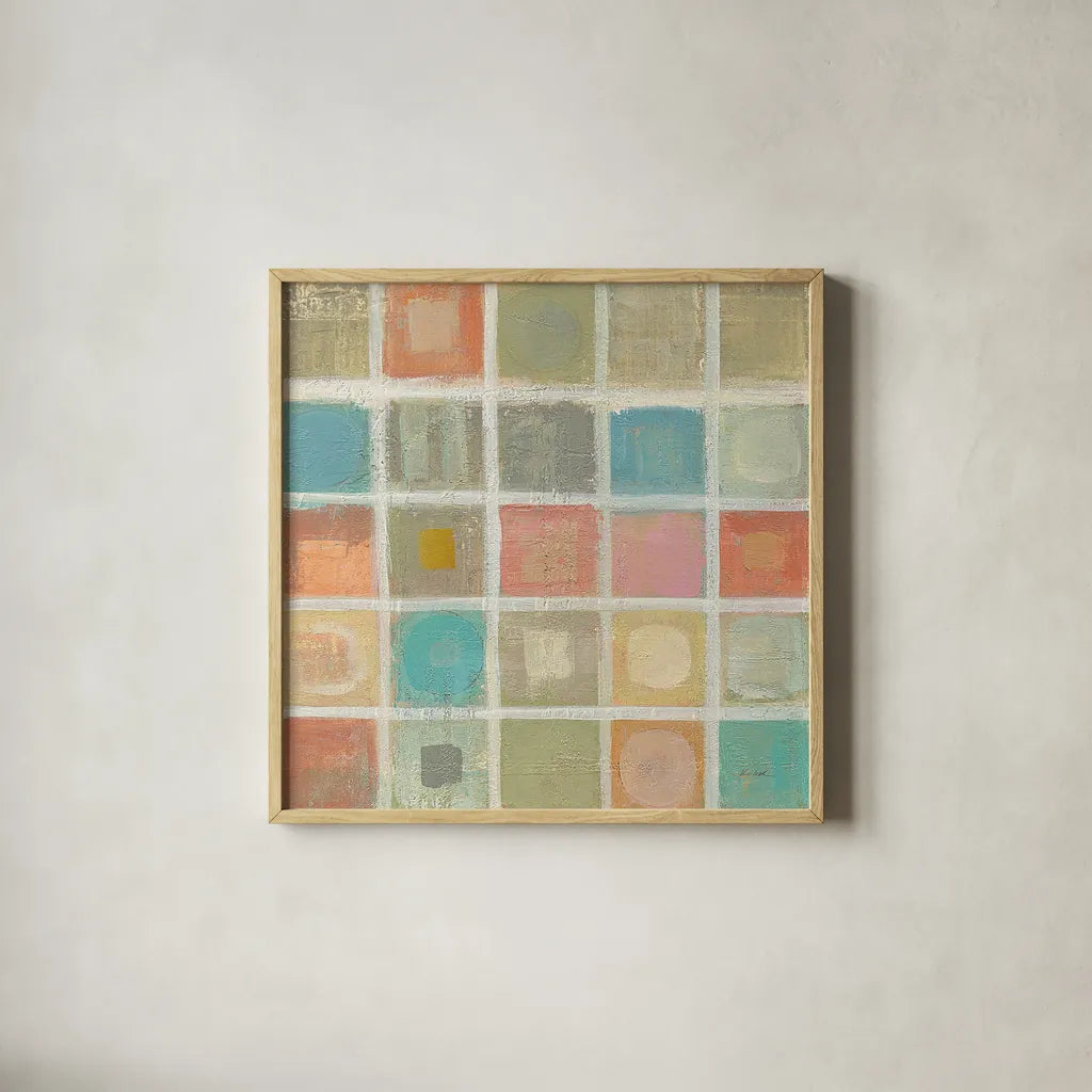 Sea Glass Mosaic Tile I by Silvia Vassileva. Shown in a natural wood glass frame for a timeless modern aesthetic. Available as an archival giclee rolled canvas, fine art paper, or poster print. SKU 22017a.