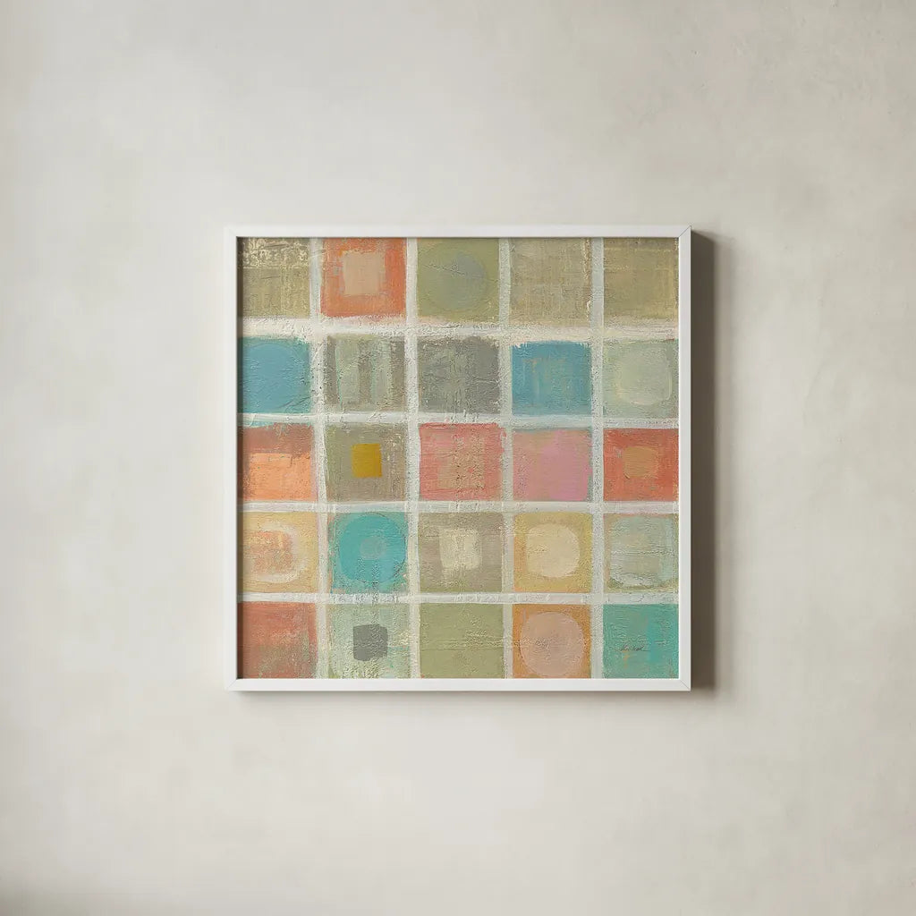 Sea Glass Mosaic Tile I by Silvia Vassileva. Shown in a crisp white glass frame for a clean and minimalist style. Available as an archival giclee rolled canvas, fine art paper, or poster print. SKU 22017a.