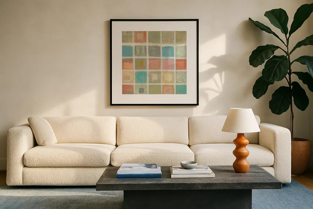 Sea Glass Mosaic Tile I by Silvia Vassileva. Displayed in a glass frame with matte in a clean modern living room. Available as an archival giclee rolled canvas, fine art paper, or poster print. SKU 22017a.