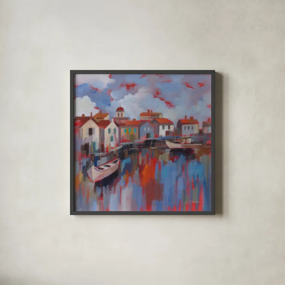 Seaport Village by Silvia Vassileva. Shown in a sleek black glass frame for a contemporary gallery look. Available as an archival giclee rolled canvas, fine art paper, or poster print. SKU 93594a.
