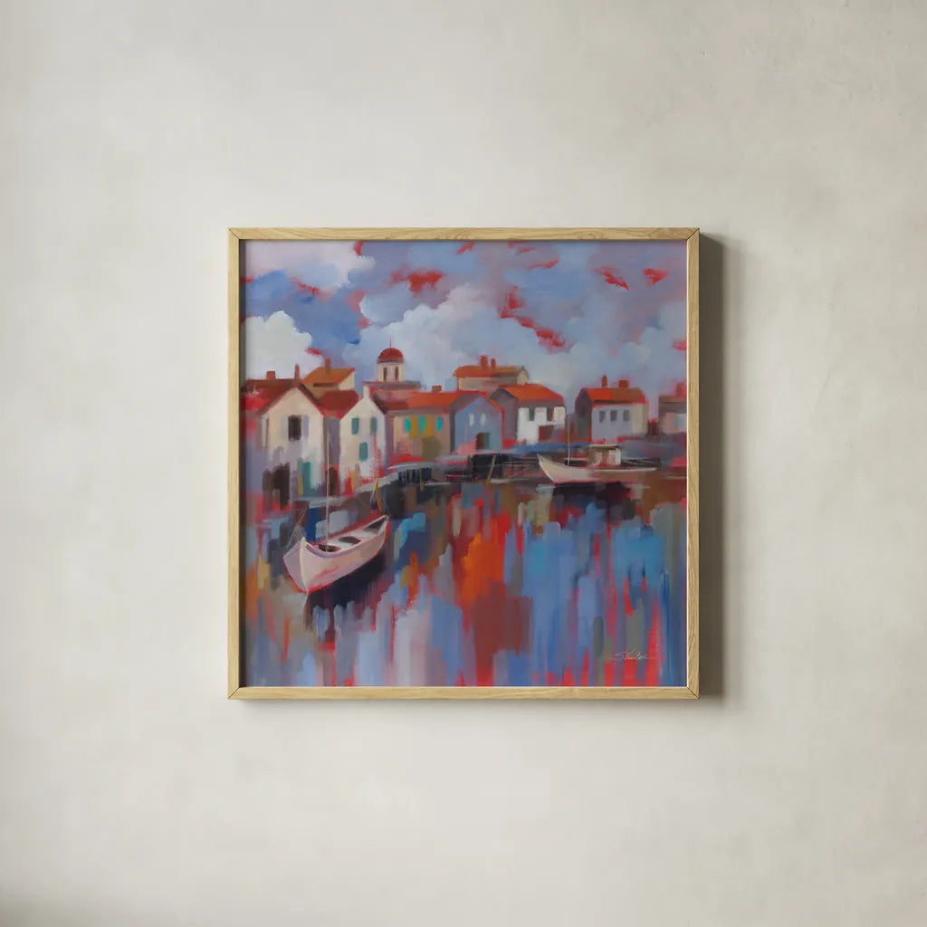Seaport Village by Silvia Vassileva. Shown in a natural wood glass frame for a timeless modern aesthetic. Available as an archival giclee rolled canvas, fine art paper, or poster print. SKU 93594a.