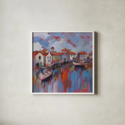 Seaport Village by Silvia Vassileva. Shown in a crisp white glass frame for a clean and minimalist style. Available as an archival giclee rolled canvas, fine art paper, or poster print. SKU 93594a.