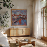 Seaport Village by Silvia Vassileva. Shown in a natural wood frame in a cozy modern living room. Available as an archival giclee rolled canvas, fine art paper, or poster print. SKU 93594a.