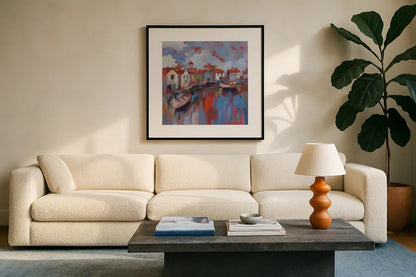 Seaport Village by Silvia Vassileva. Displayed in a glass frame with matte in a clean modern living room. Available as an archival giclee rolled canvas, fine art paper, or poster print. SKU 93594a.