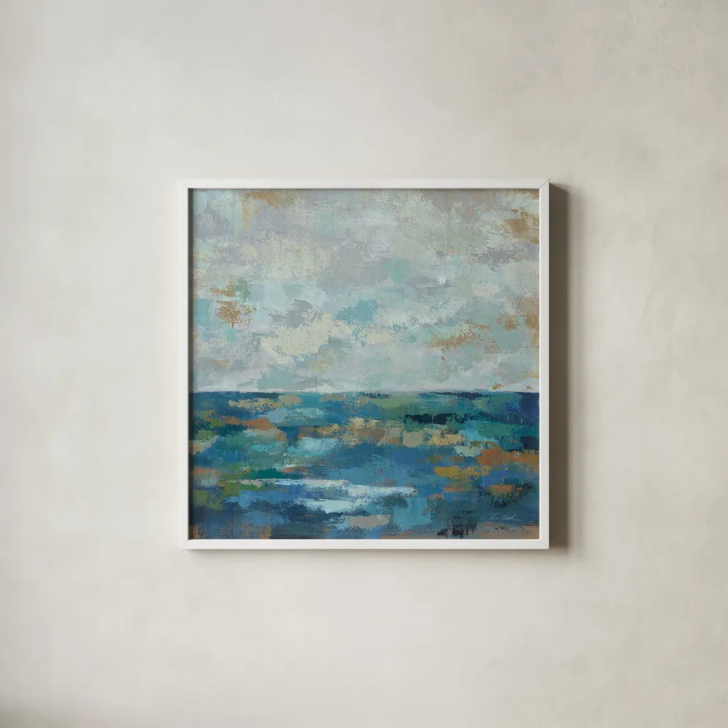 Seascape Sketches I by Silvia Vassileva. Shown in a crisp white glass frame for a clean and minimalist style. Available as an archival giclee rolled canvas, fine art paper, or poster print. SKU 13886a.